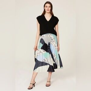 Club Monaco Elasticated Slip Pleated Midi Skirt in Black, Cream, and Blue